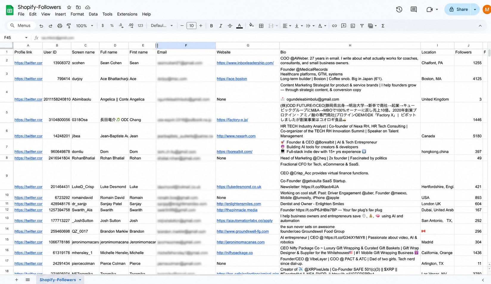 A TweetScraper export opened in Google Sheets, with profile link, screen name, full name, email, website, bio, location and follower count columns