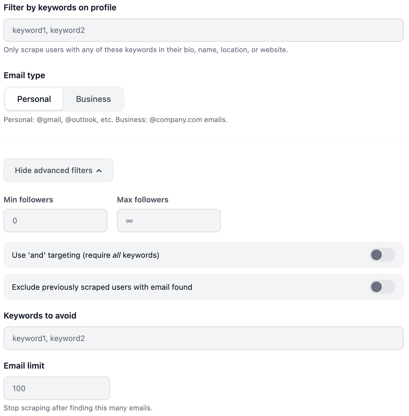 The TweetScraper filters panel: filter by profile keywords, personal vs business email type, min and max followers, 'and' keyword targeting, exclude previously scraped users, keywords to avoid, and an email limit