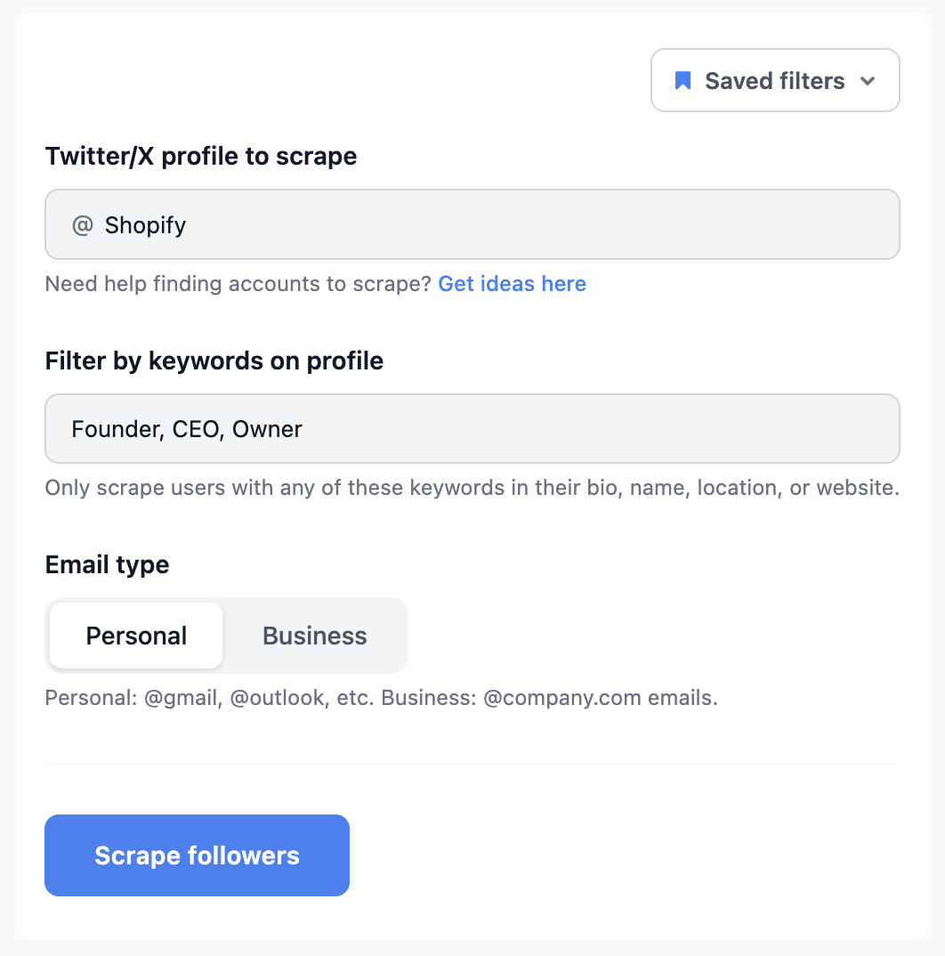 The TweetScraper scrape form: enter the Twitter/X profile to scrape, optional profile keywords, choose personal or business emails, then click Scrape followers